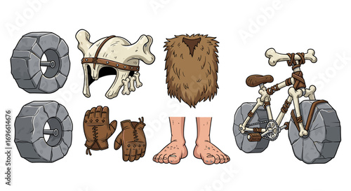 Humorous cartoon illustration of prehistoric items, caveman gear, and primitive vehicle
