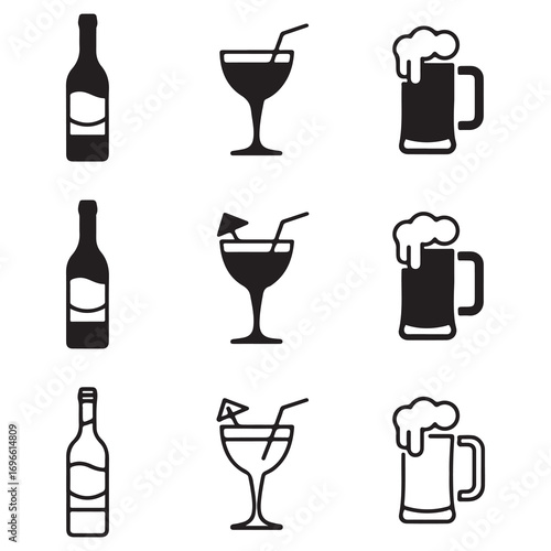 Set of nine black and white icons representing alcoholic beverages and drinks on a white background bottle