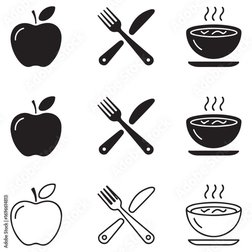 Set of nine black and white icons representing food and dining elements including apples crossed cutlery and bowls of soup Keywords: apple icon, fruit icon, healthy food icon, food icon, nutrition