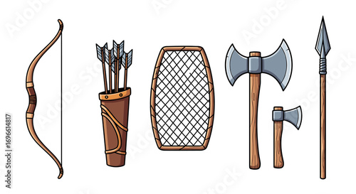 Cartoon weapons set including bow, arrows, shield, axes, and spear