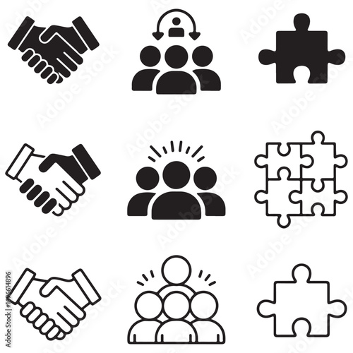 Set of nine black and white icons representing teamwork and collaboration including handshake puzzle pieces and group of people icons Keywords: handshake icon, partnership icon, agreement icon