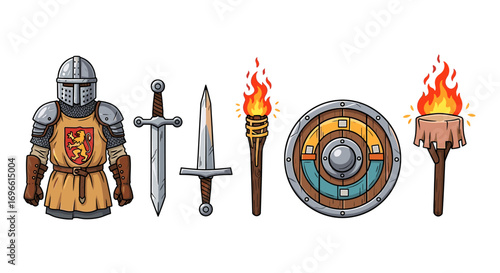Medieval Knight Equipment Cartoon Style Isolated on White Background