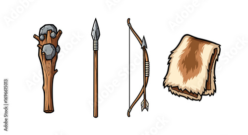 Prehistoric Hunting Tools and Fur Garment Collection Illustration Isolated