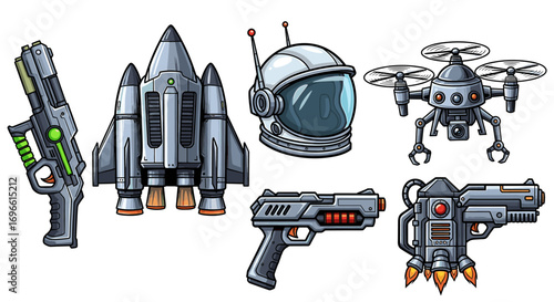 Cartoon futuristic objects on a white background include helmet and weapons