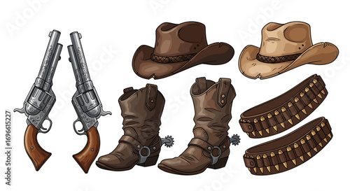 Wild West Cartoon: Cowboy Gear Collection on White Background