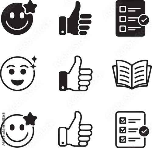 Set of Positive Feedback Icons with Smiling Faces Thumbs Up and Checklists in Solid and Outline Styles