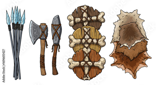 Stone Age Tools: A collection of ancient weapons and clothing
