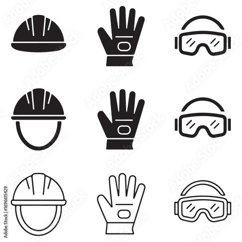 Set of safety equipment icons including hard hats gloves and goggles in solid and outline styles Keywords: hard hat, helmet, safety helmet, construction helmet, safety, protection, workwear, glove