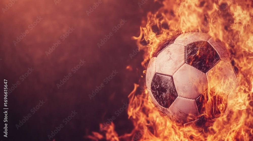 Naklejka premium Soccer ball engulfed in flames illustrating intense competition energy