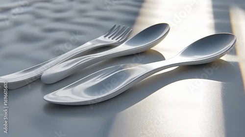 Minimalist flatware setup: White fork and spoons artfully arranged in soft natural light
