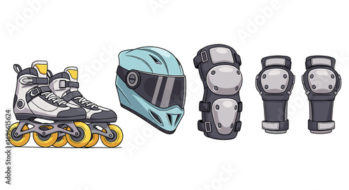 Rollerblades and Safety Gear Set on White Isolated Background