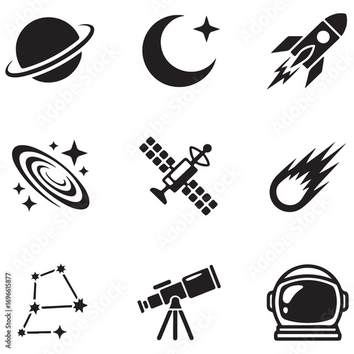 Space Exploration and Astronomy Icons Set with Planets and Astronaut Helmet Keywords: space, astronomy, planet, saturn, ring, crescent moon, star, rocket, spaceship, galaxy, spiral, nebula