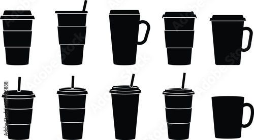 Silhouette of various takeaway coffee cups, mugs, and cold drink cups with lids and straws, ideal for cafe and beverage designs.