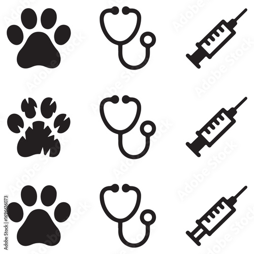 Three rows and three columns of veterinary medicine icons featuring paw prints stethoscopes and syringes Keywords: veterinary, pet, animal, dog, cat, paw, paw print, stethoscope, medical, health