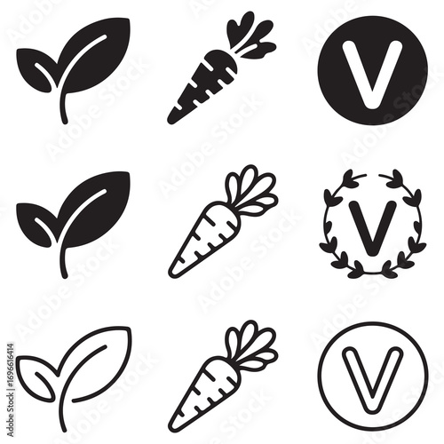 Vegan and Vegetarian Food Icons Including Leaves Carrot and V Symbol Keywords: vegan icon, vegetarian icon, plant based icon, healthy food icon, organic icon, natural icon, leaf icon, leaves icon