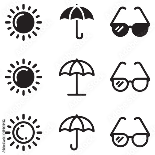 Weather and Protection Icons Including Sun Umbrella and Sunglasses Keywords: weather, sun, sunshine, heat, bright, umbrella, rain, protection, shelter, sunglasses, eyewear, fashion, summer