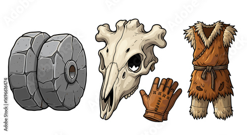 Prehistoric Era Toolkit: Wheels, Skull, Glove, and Clothing Illustrations