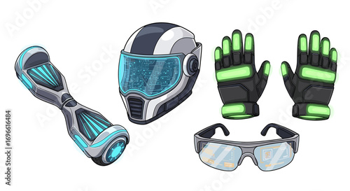 Futuristic Tech: Illustrated Hoverboard, Helmet, Gloves, and AR Smartglasses