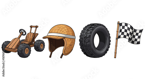 Fun Racing Elements: Go-Kart, Helmet, Tire, and Checkered Flag Image