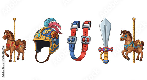 Carousel horses, colorful helmet, decorative belt, and toy sword image