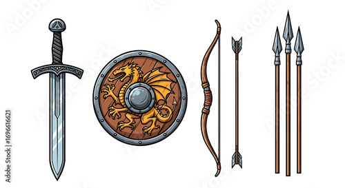 Fantasy Weaponry Showcase with Dragon Shield, Sword, Bow, and Spears.