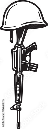 Tribute of Remembrance: A poignant silhouette depicting a helmet atop a rifle, serving as a symbol of honor and remembrance for fallen soldiers.