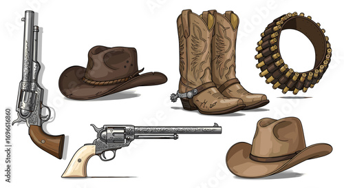 Western gear cartoon illustration featuring guns, hats, boots, and bullets