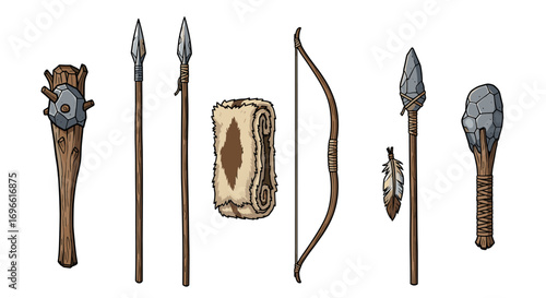Cartoon Depiction of Various Stone Age Weapons and Survival Tools