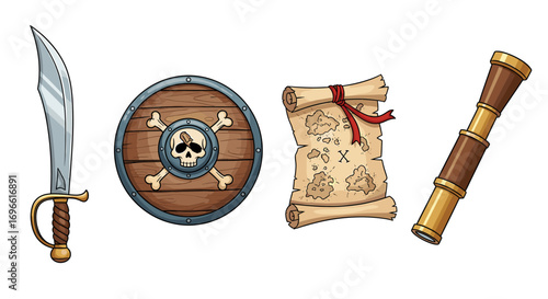 Whimsical Pirate Adventure Set: Treasure Map, Sword, Telescope and Shield
