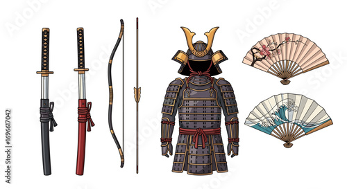 Traditional Japanese samurai armory with katana, bow and fans isolated on white.