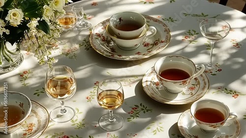 Elegant Tea Party Still Life with Floral Accents and Soft Sunlight Ambiance