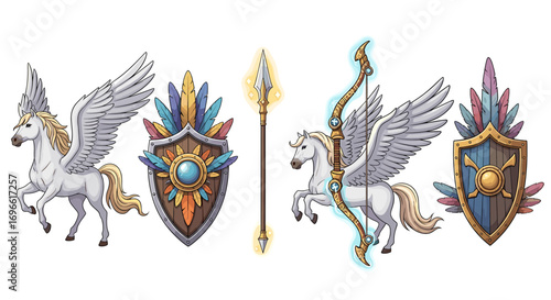 Enchanted Arsenal: Mythical Creatures and Weapons Collection on White Background