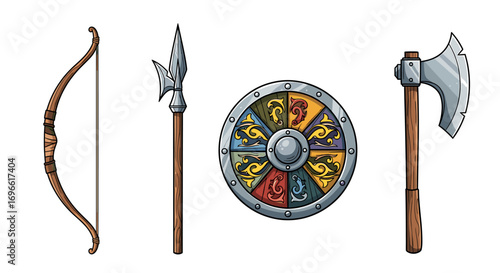 Medieval weapon set featuring bow, spear, shield, and axe for battle
