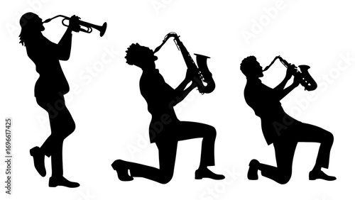 Silhoutte set of Man playing trumpet in captivating poses.