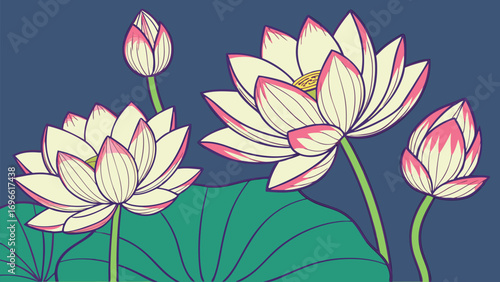 Line drawing presents white lotus flowers and buds with pink accents over navy background