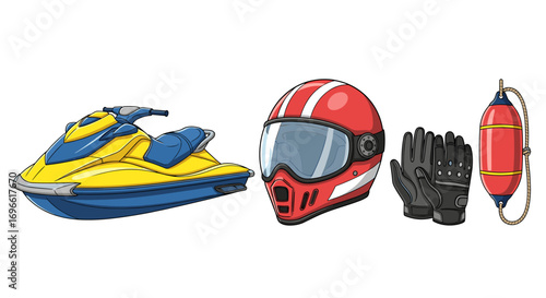 Watersport Equipment Collection Including Jet Ski, Helmet, Gloves, and Buoy