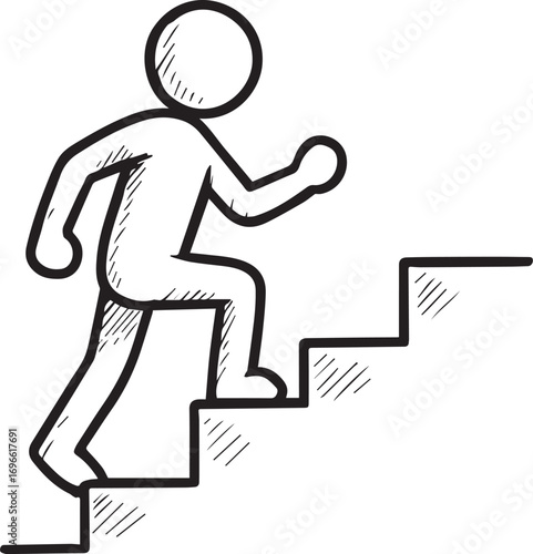Ascending the Steps of Progress: An inspirational hand-drawn sketch captures a minimalist figure confidently climbing a flight of stairs, representing the journey of growth and upward mobility.
