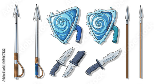 Cartoon Collection of Fantasy Weaponry with Shields, Knives, and Spears
