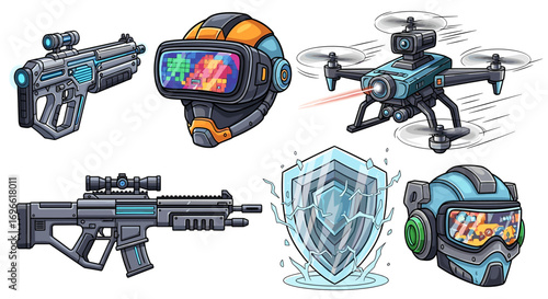 Futuristic Gaming Equipment: Weapons, Helmets, Drone, and Shield, all isolated