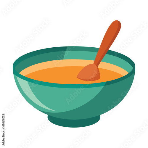 Flat vector illustration of a ceramic soup bowl with a spoon