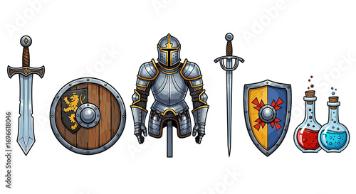 Medieval Knight Equipment: Swords, Armor, Shields, and Potions Illustration