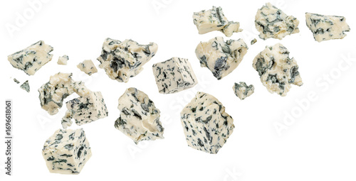 Flying Blue Cheese pieces isolated on white. HighQuality Levitating Blue cheese slices. Mold Cheese Explosion. Top view. Flat lay.