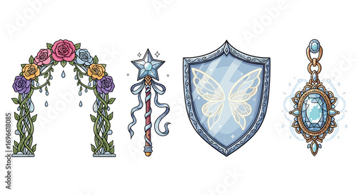 Enchanted objects: Rose arch, star wand, butterfly shield, jewel pendant