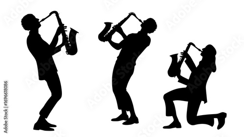 Silhoutte set of Man playing trumpet in captivating poses.