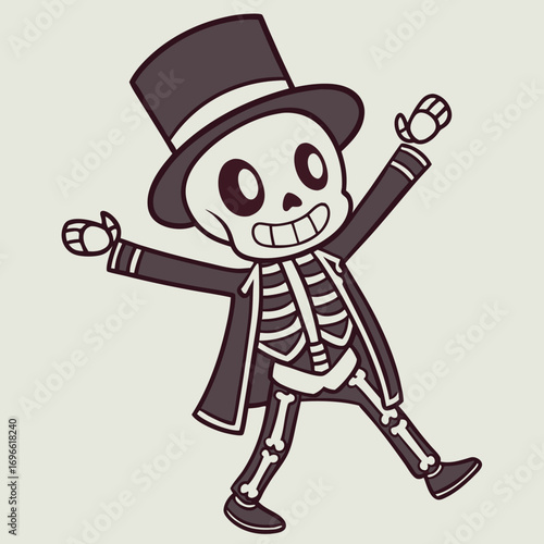 Vector art of a cute cartoon skeleton wearing a top hat and suit, dancing joyfully with its arms outstretched, isolated on a light background