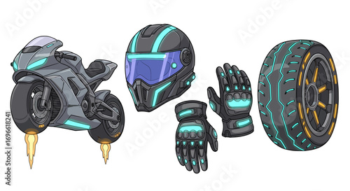 Futuristic motorcycle gear with helmet, gloves, and glowing tire elements.
