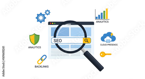 Conceptual illustration of digital marketing and web search optimization, featuring key elements like analytics and backlinks in a clean vector graphic design
