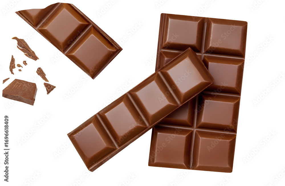 Fototapeta premium Broken chocolate bar pieces isolated on white. High-Quality Chocolate Explosion with scattered cocoa crumbs and chunks Top view. Flat lay. Pattern&nbsp;