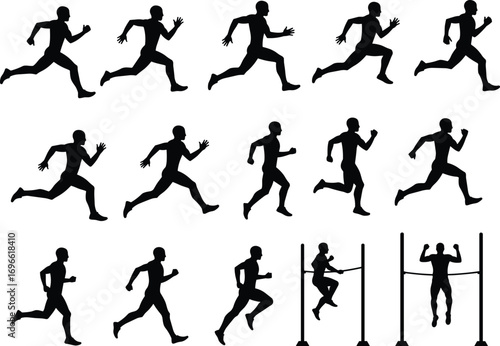 Silhouette runners and athlete performing pull-ups illustration, fitness exercise, jogging, training, workout, sports activity, health, and strength.