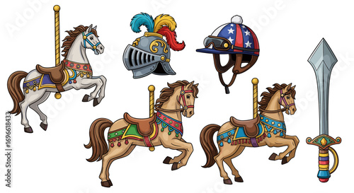 Whimsical Carousel Horses and Sporting Gear on a White Background